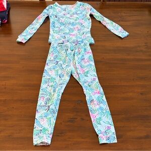 Lilly Pulitzer Kids Sammy Pajama Set in Blue and Pink dog Tropical Print